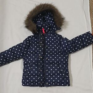 Boden Blue and White Polka Dot Puffer with Faux Fur Hood 3T